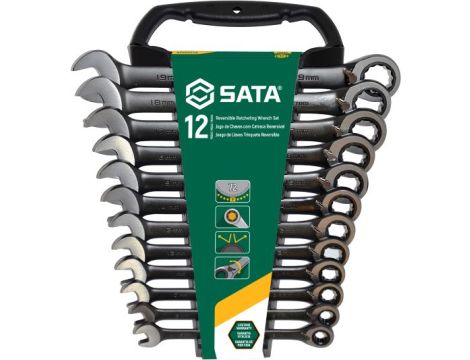 Sata - ZESTAW 12 KLUCZY PŁASKO-OCZKOWYCH Z GRZECHOTKĄ Z PRZEŁĄCZNIKIEM KIERUNKU NA PANELU SERIA BLACK  - ST08044B