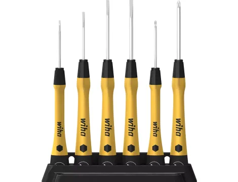 Wiha - zestaw wkrętaków precyzyjnych PicoFinish® ESD mieszany, płaski, krzyżowy Phillips, 6-cz. z podstawką  - 43707