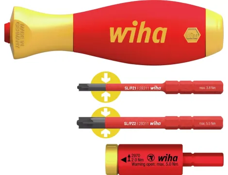 Wiha - zestaw adapterów dynamometrycznych easyTorque electric z uchwytem slimVario i bitami slimBit SL/PZ 4-cz. w opakowaniu blistrowym  - 41477