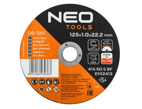 Neo Tools - Tarcze tnące do metalu/INOX 125 x 1.0 x 22,2mm, 41 A60-S-BF, 25 szt. kartonik. Wyprodukowano w PL - 08-720