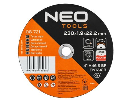 Neo Tools - Tarcze tnące do metalu/INOX 230 x 1.9 x 22,2mm, 41 A46-S-BF, 25 szt. kartonik. Wyprodukowano w PL - 08-721