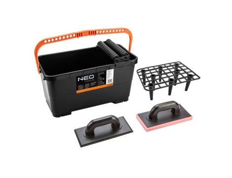 Neo Tools - Zestaw glazurniczy: pojemnik z kratką i rolkami 24l, paca z gumą, paca z gąbką miękką - 50-254
