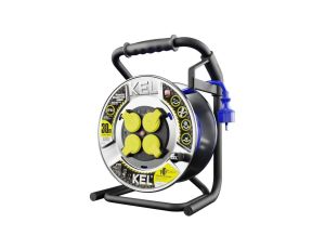 Przedłużacz budowlany zwijany na bębnie Rozgałęźnik Premium na 4 gniazda 2P+Z 230V IP44 na niebieskim kablu PUR (H07BQ-F) 3x2,5m