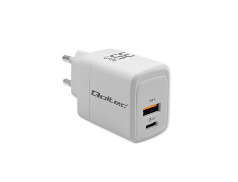 Qoltec Ładowarka sieciowa 35W GaN 5-20V 1.5-3A 1 x USB-C PD 1 x USB QC 3.0 Biała