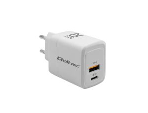 Qoltec Ładowarka sieciowa 20W GaN 5-20V 1.5-3A 1 x USB-C PD 1 x USB QC 3.0 Biała