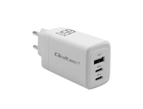 Qoltec Ładowarka sieciowa 65W GaN 5-20V 3-3.35A 2 x USB-C PD 1 x USB QC 3.0 Biała