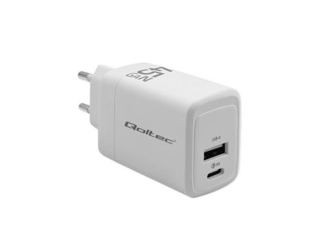 Qoltec Ładowarka sieciowa 45W GaN 5-20V 1.5-3A 1 x USB-C PD 1 x USB QC 3.0 Biała