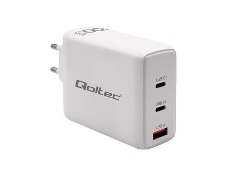 Qoltec Ładowarka sieciowa 100W GaN 5-20V 1.5-5A 2 x USB-C PD 1 x USB QC 3.0 Biała