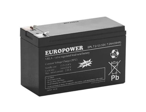 Akumulator AGM EUROPOWER serii EPL 12V 7,2Ah T1