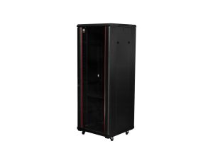 Szafa stojąca RACK 19 27U 600x600mm drzwi szklane czarna NEKU FLR + wyposażenie