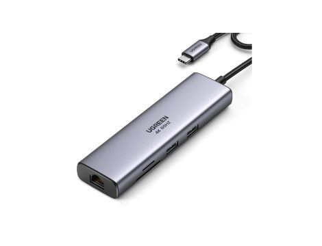 Adapter Ugreen CM512 90568 USB-C - 2x USB-A 3.0 / HDMI / RJ45 / czytnik kart SD i TF / USB-C PD 100W