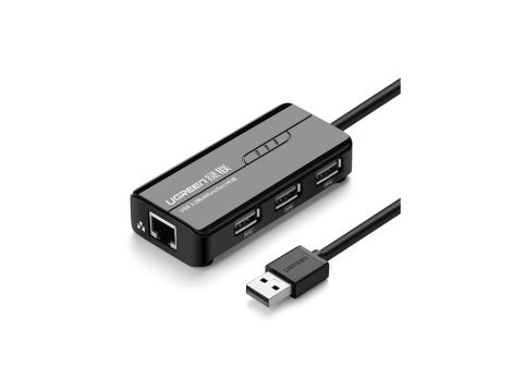 Adapter sieciowy Ugreen 20264 RJ45 / USB-A 10/100Mbps HUB 3x USB-A 2.0 - czarny