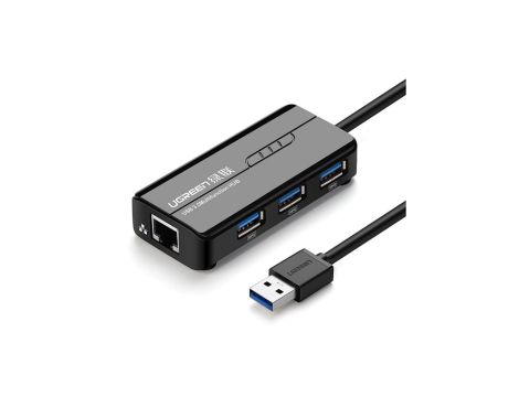 Adapter sieciowy Ugreen 20265 USB-A / RJ45 1000 Mbps HUB 3x USB 3.0 - czarny
