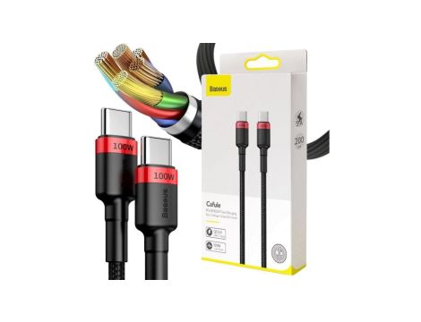 KABEL USB-C -USB-C Baseus Cafule CATKLF-AL91 200cm 100W 5A PD 2.0 QC 3.0 CZARNY W OPLOCIE