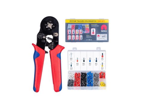 Zaciskarka Praska do tulejek kablowych 0,25-10mm2 z matrycą czworokątną NEKU + zestaw tulejek izolowanych DIN 0,5-10mm2 1300szt.