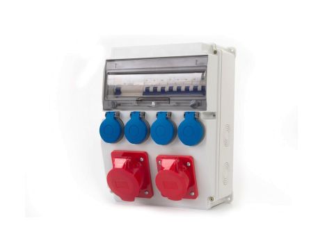 Rozdzielnica CAJA 12M - gniazda 16A 5p, 32A 5p, 4x230V + zabezpieczenia (RCD 4P 40A typ AC, MCB 3P C32A, 3P C16A, 1P B16Ax2 ) IP