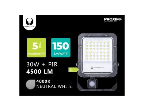 Naświetlacz LED PROXIM+ 30W 4000K 4500lm PIR 230V IP65 Forever Light 150lm/W 5 LAT GWARANCJI