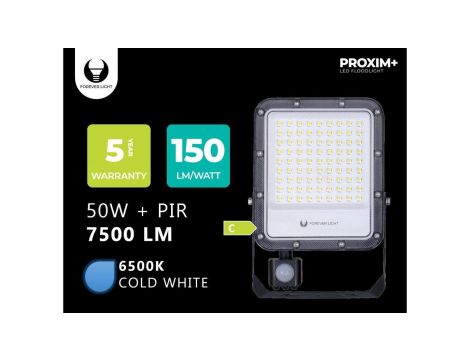 Naświetlacz LED PROXIM+ 50W 6500K 7500lm PIR 230V IP65 Forever Light 150lm/W 5 LAT GWARANCJI
