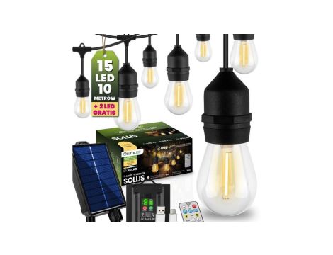 Girlanda Solarna Ogrodowa 15x LED Ozdobne Żarówki 10m + PILOT IP65 2700K Ciepła SOLLIS LUMILED