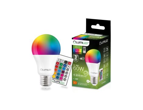 Żarówka LED E27 A60 9W = 60W 806lm RGB+3000K Ściemnialna Inteligentna LUMILED
