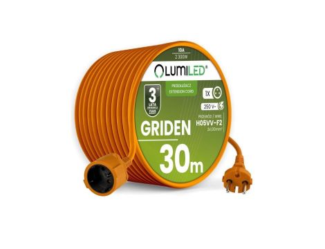Przedłużacz Ogrodowy Kabel Budowlany Pojedynczy 1 Gniazdo 30m Pomarańczowy Sznur GRIDEN Lumiled