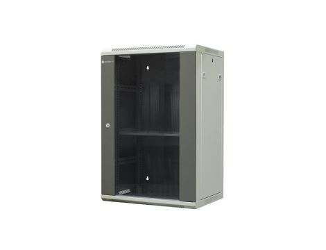 Szafa wisząca niedzielona 19 18U, drzwi blacha/szkło, ściągane osłony boczne z zamkiem, 600450910 szer./gł./wys. mm RAL: sza