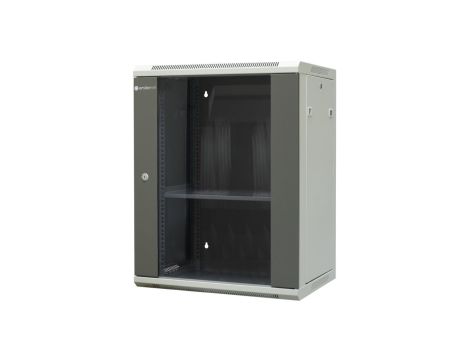 Szafa wisząca niedzielona 19 15U, drzwi blacha/szkło, ściągane osłony boczne z zamkiem, 600450770 szer./gł./wys. mm RAL: sza