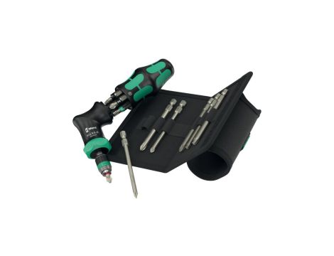 Zestaw wkrętaków i bitów 13 sztuk: rękojeść pistoletowa z funkcją grzechotki + 6 trzpieni + 6 bitów Kraftform Kompakt Pistol RA-
