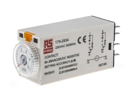 Przekaźnik czasowy zwłoczny jednofunkcyjny 0.2 → 5min DPDT 2-stykowy DPDT 230V ac