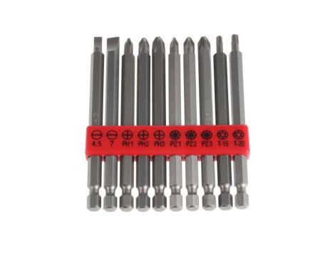 Zestaw końcówek, materiał Stal chromowo-molibdenowo-wanadowa, PH1, PH2, PH3, PZ1, PZ2, PZ3, SL4.5, SL7, T15, T20, 10