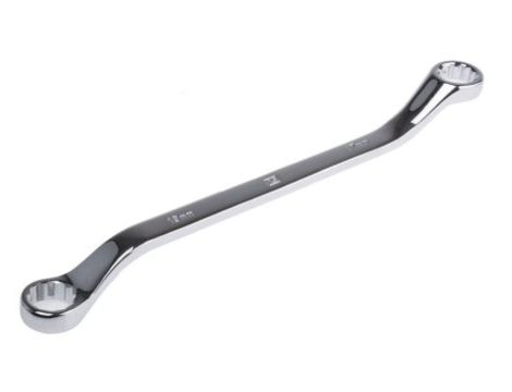 Klucz oczkowy odgięty, roz. 17 x 19 mm, dł. 270 mm, materiał: Stal chromowo-wanadowa, RS PRO