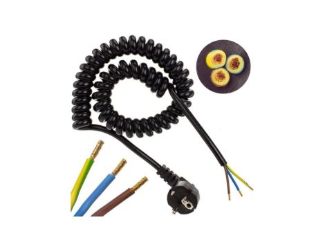 Przewód OMY spiralny H03VVH8-F z wtyczką 3x1,5 0,7m / 4m czarny