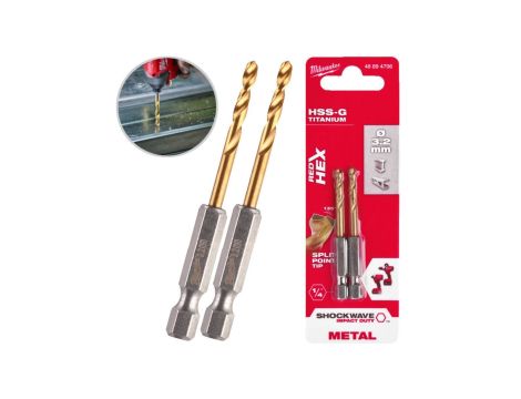 Wiertła do metalu HSS-G TiN walcowane 3,2x23/66,5mm Zestaw 2szt RED HEX SHOCKWAVE MILWAUKEE