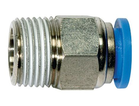 Złączka pneumatyczna wtykowa prosta do węża fi 6 mm, R 1/2 GZ, mosiądz niklowany