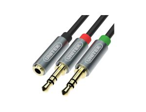 UNITEK Adapter AUX mini Jack 3,5mm 4-polowy (gniazdo) / 2x mini Jack 3,5mm (wtyk) Słuchawki + Mikrofon na kablu 20cm