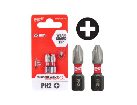 Bity udarowe do wkrętarki PH2 25mm 1/4 SHOCKWAVE 2szt MILWAUKEE