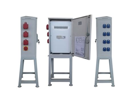 Rozdzielnica elektryczna budowlana na stojaku + dźwignia ręczna (8x2P+Z, 2x16A/5P, 1x32A/5P) RB40x60-K63-00128Z-P0-RG63A