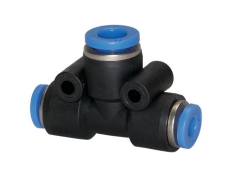 Trójnik pneumatyczny wtykowy redukcyjny typu T do węża z fi 2x12 mm na 1x10 mm, tworzywo sztuczne
