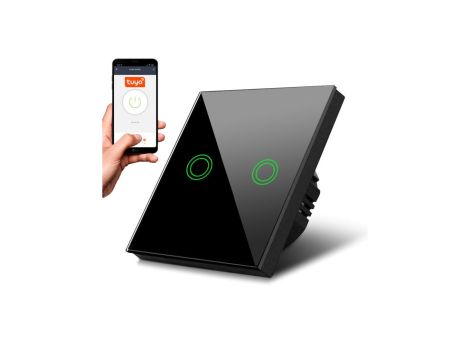 Dotykowy włącznik światła Maclean, podwójny, SMART, Tuya APP, szklany, czarny z okrągłym podśw. przycisku, 86x86mm, MCE714B