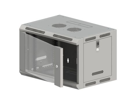 Szafa rack wisząca 19 cali 6U 600x600, niedzielona, drzwi szklane, kolor szary FLAT PACK