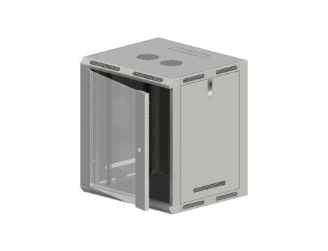 Szafa rack wisząca 19 cali 15U 600x600, niedzielona, drzwi szklane, kolor szary FLAT PACK
