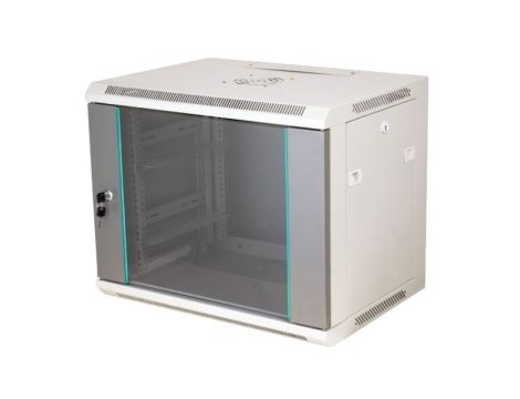 Szafa rack wisząca 19 cali 9U 600x450, niedzielona, drzwi szklane, kolor szary