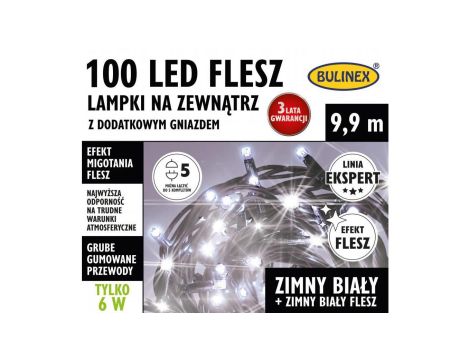 Lampki Bulinex 100led białe zimne 9,90m zewnętzrne flesz z dodatkowym gniazdem sznur