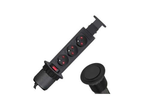 Rozgałęźnik meblowy na 3 gniazda 2P+Z 230V 16A okrągły wpuszczany w blat LIFT BOX 1,5m czarny