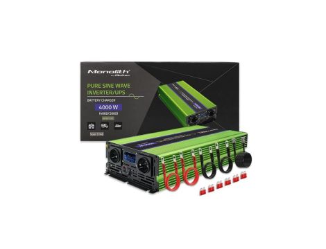 Qoltec Przetwornica napięcia Monolith ładowanie baterii UPS 2000W 4000W 12V na 230V Czysty Sinus LCD