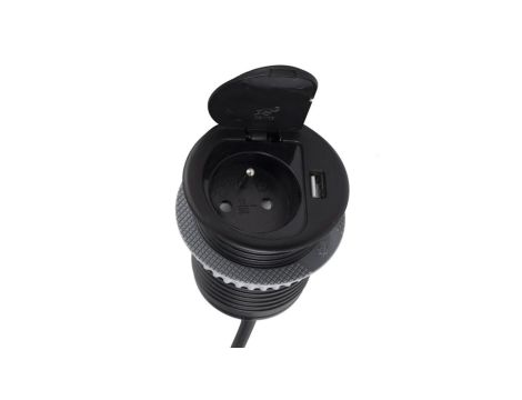 Gniazdo meblowe na 1 gniazdo 2P+Z 16A 230V + 1x USB 2,4A okrągły wpuszczany w blat SINGLE BOX 1,8m czarny