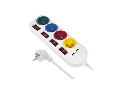 Listwa zasilająca Maclean, przedłużacz 4 gniazda + 2xUSB, z włącznikami, 250VAC/10A, 2.1A 5V, 1.5m, biała, MCE229 W