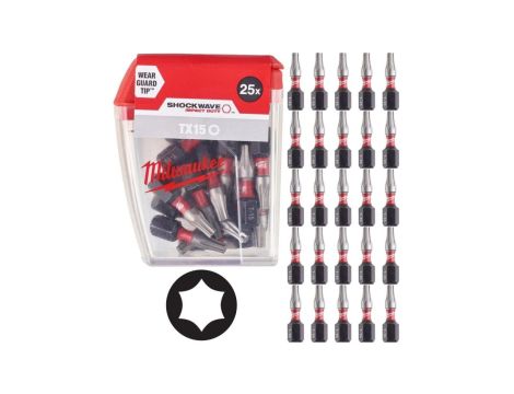 Bity udarowe do wkrętarki TORX TX15 25mm 1/4 SHOCKWAVE 25szt MILWAUKEE