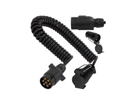 Przedłużacz spiralny QLY-s kabel do przyczepy zakończony plastikowymi złączami 7-pin 12V (gniazdo podwieszane / wtyk) 5m