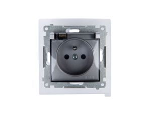 Simon 54 Gniazdo bryzgoszczelne z/u IP44 z przesłoną torów i klapką transparentną srebrny mat DGZ1BZ.01/43A